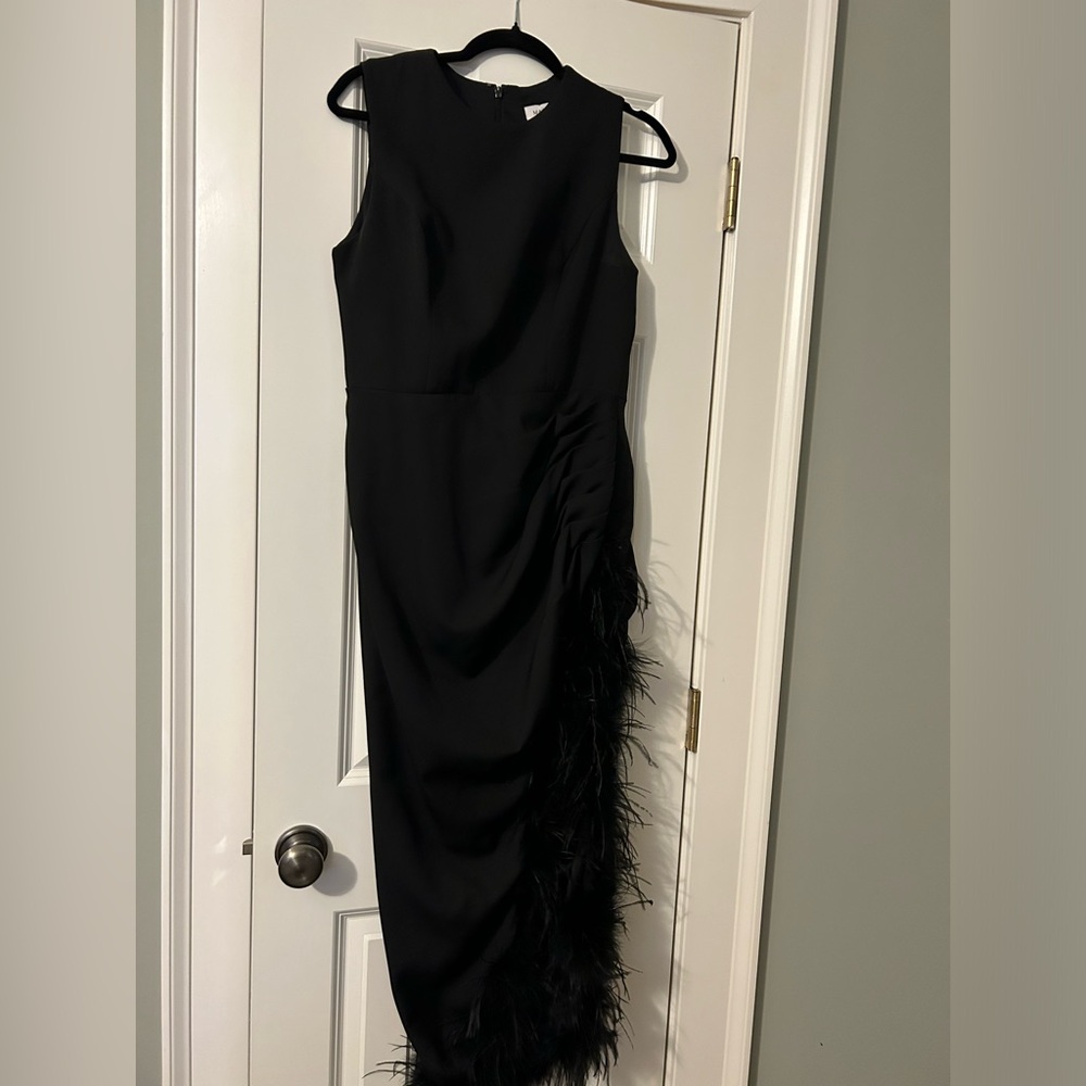 Mac Duggal Feather Trim Asymmetric Dress- BLACK, Size 8 - Picture 3 of 4